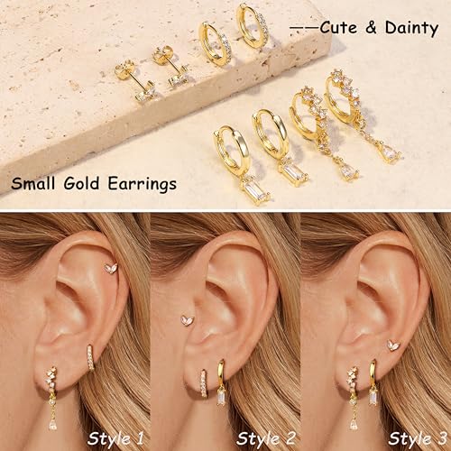 Small Gold Dangle Earrings for Women - Hypoallergenic 14K Gold Plated Huggie Hoop Earring Studs Stack Set Dainty Drop CZ Pearl Surgical Stainless Steel Jewelry with Charm4