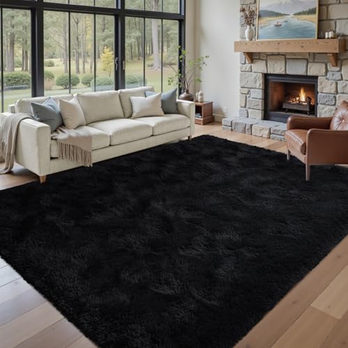 8x10 ft Black Fuzzy Rug for Living Room Soft Fluffy Bedroom Area Rugs Non-Slip Shaggy Carpet for Nursery Kids PlayRoom Dorm Office Indoor Modern Plush Carpets