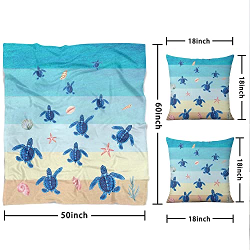 Cusfuk Sea Turtle Throw Blankets Summer Blue Bed Blanket Beach Sea Coastal Nautical Theme Decorations Gift Blanket 50X60 Inch With 2 Pillow Covers For Sea Turtle Lovers #TOP1