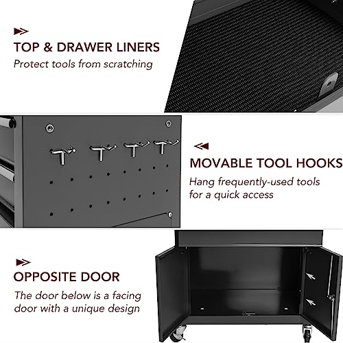 WAYTRIM 8-Drawer Rolling Tool Chest, Tool Storage Cabinet, Detachable Organizer Combo, Side Hooks & Drawer Liners, w/Wheels Lock & Key, Tool Storage Organizer Box for Garage, Repair Shop (Black)
