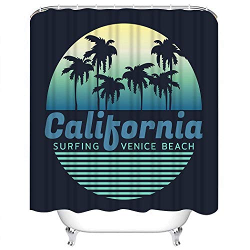 Duschvorhang Sets Navy Surfing Surf Rider Kalifornien Venice Beach Grafikkarte Polyester Stoff Dekor mit 12 Haken Wasserdicht waschbar 12 Knopflöcher