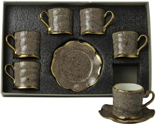 12 piece set Hand Made Persian Iranian Turkish Arabic Classic Coffee Tea Cups Mugs With Saucers Large Arab Middle Eastern W/Handles Brown/Gold فنجان و نعلبکی چای