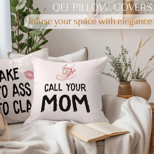 QEJ Funny Pink Call Your Mom Pillow Covers 18x18, Back to School Gifts for Students, Gifts for College Girls, Graduation Gift Decorative Throw Pillow Covers for College Girls Dorm, Set of 2