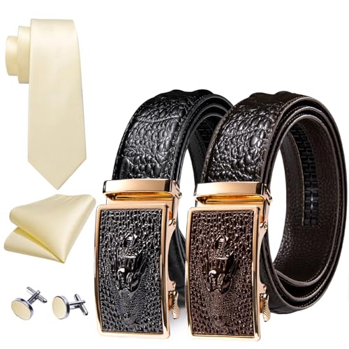 Barry.Wang Ratchet Belt for Men 5 Set Gift Brown Buckle Belts Crocodile Leather Adjustable 1 3/8