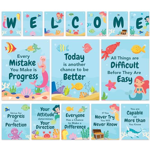 Decorably 15 Welcome Under the Sea Classroom Decorations, Inspirational, Matte-Laminated Posters - for School, Hallways, Bulletin Boards