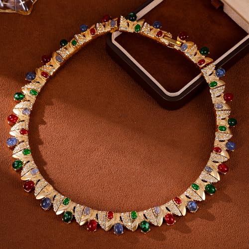 Luxurious Multi-color Gemstones Choker Necklace 18K Gold Plating Chunky statement necklace Palace Style Party Prom Necklace Choker Jewelry for Women3