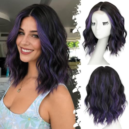 Image of Eawwii Wigs for Women Black Mix Purple,Short Wavy Synthetic Lace Wig