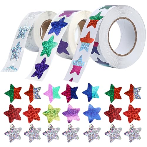 1500Pcs Tiny Holographic Star Stickers, 3 Rolls Self Adhesive Shiny Stickers, Sparkly Incentive Stickers, Bright School Stickers, Motivational Stickers, Reward Stickers for Children Students Teachers