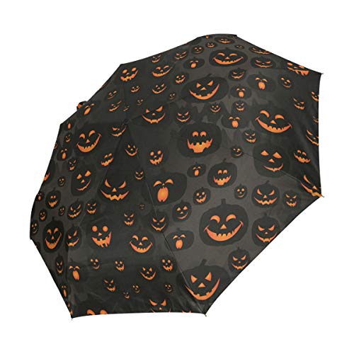 Preisvergleich Produktbild Ahomy Kompakter Reise-Regenschirm für Halloween, Jack-O'-Lantern Winddichter Regenschirm, automatische Öffnung, Rutschfester Griff für einfaches Tragen