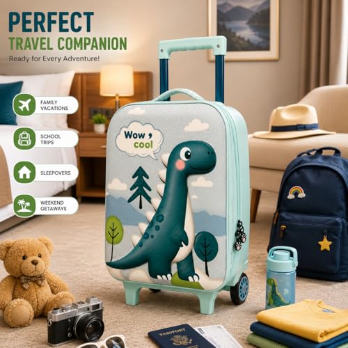 Image of PLUSPOINT Dinosaur Theme Kids Trolley Bag | 16 Inch Hard Shell Cabin Luggage with Wheels | Lightweight Travel Suitcase for Boys & Girls | School Trips, Vacations, Holidays & Weekend Travel