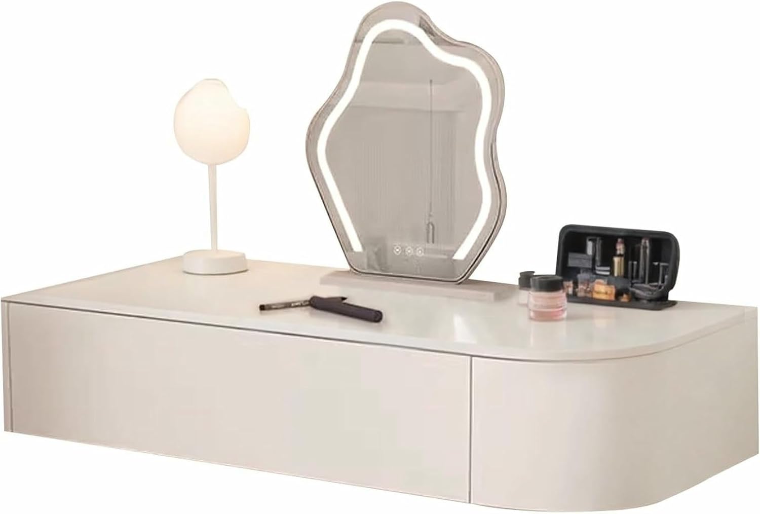 Modern Corner Floating Desk with Drawers, Wall-Mounted Vanity Makeup Table, Small Floating Dressing Table, Stylish Wood Shelf with Storage