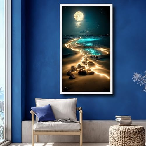Toile plage au clair de lune illuminée XINBAO art océanique paysage marin serein