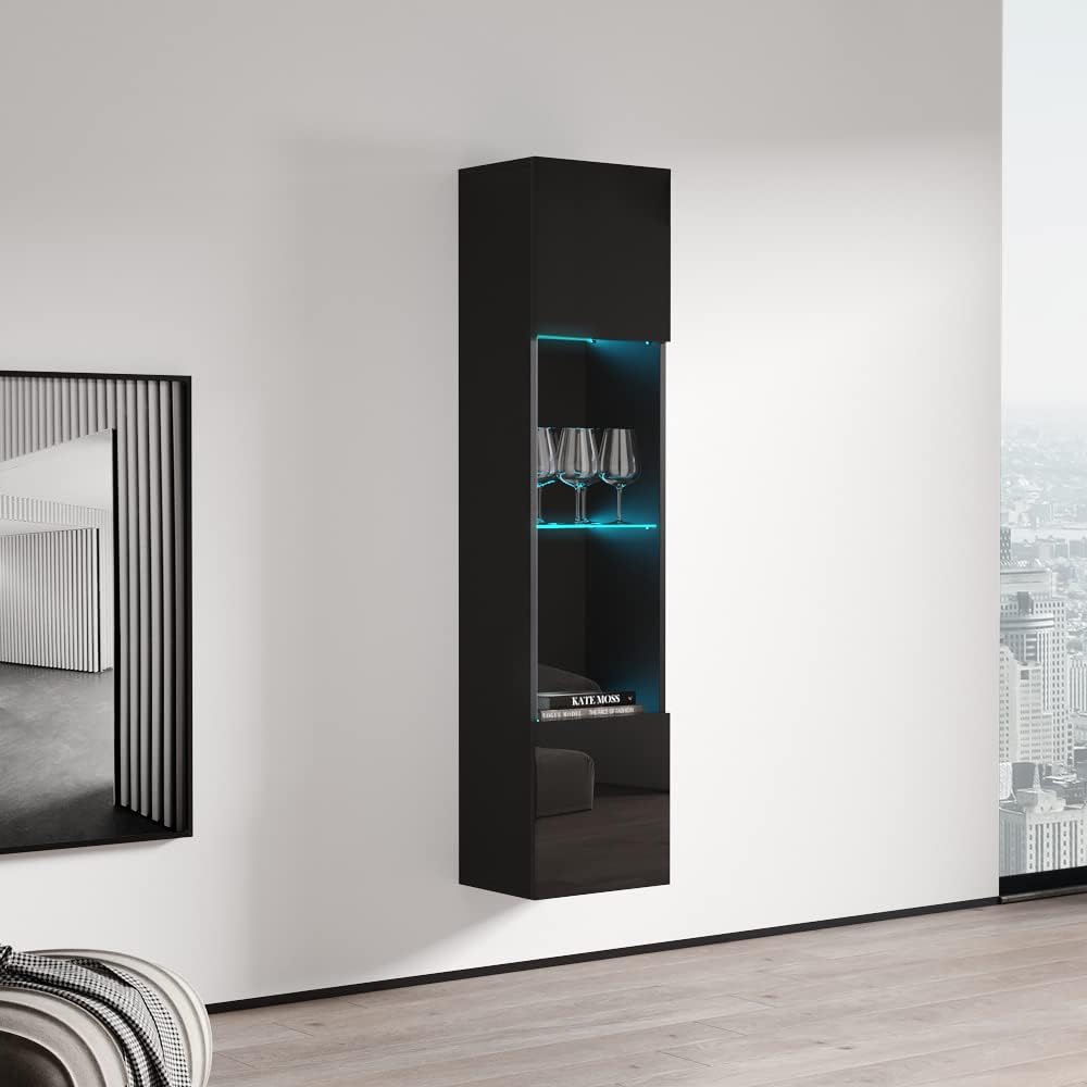 Meble Furniture Floating Wall Mounted Bookcase Cabinet — Modern Rectangular Storage with High Gloss Finish — Durable Wooden Modular Unit, 39.4 x 9.8 x 11.8 inches — Black