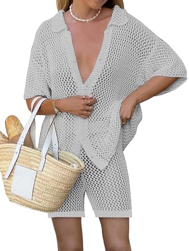 Famulily 2 Piece Shorts Set for Women Sexy Hollow Out Swimsuit Cover Up Button Down Shirt and Wide Leg Shorts Matching Set