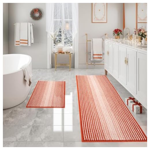 Bathroom Rugs and Mats Sets, 2 Piece Thick Absorbent Chenille Bath Mat Rug Set Non Slip, Soft Shaggy Bath Room Floor Mats for Bathroom, Machine Washable (Sunset Orange, 24" x 70" Plus 20" x 32")