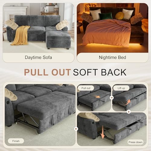 Image of Hanherry 81 inch Sectional Couch with Pull Out Sofa Bed,Chenille Sleeper Sofa with Storage Ottoman & USB Charging,Comfy L Shaped Modular Couches for Living Room,Apartment