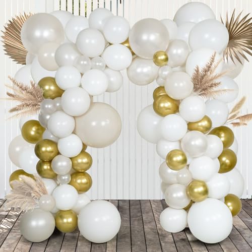 Image of Pearl White Double Stuffed Balloon Arch Kit - Ivory, Cream & Champagne Gold Latex Balloons for Wedding, Bridal Shower, Birthday, Gender Reveal, Boho Party Garland Decor (98 Pcs)