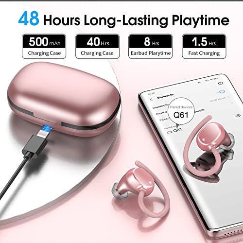 Image of Wireless Earbuds, HiFi Stereo Sport Bluetooth 5.3 Headphones with Earhooks, 48H Deep Bass in-Ear Headphones with LED Display, Noise Cancelling, IP7 Waterproof Earphones Built-in Mic for Running (Rose)
