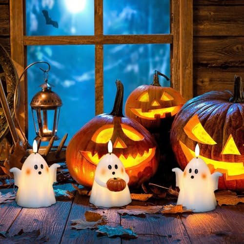 Image of Wondise Halloween Flameless Candles with 6hrs Timer Spooky Ghost, Battery Operated Candles 3D Flickering Wick Real Wax 2 Packs Halloween Candles for Halloween Decoration Gift (D 3.5 inch x H 5 inch