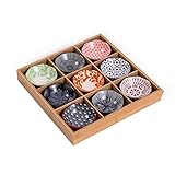【Qyber】和風深型仕切り付き食器セット 竹製陶器製トレイ皿 9 点サービング用 (マルチカラー)