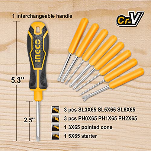 INGCO 9 Pcs Interchangeable Screwdriver Set Replaceable CRV Steel Screwdriver Set AKISD0901