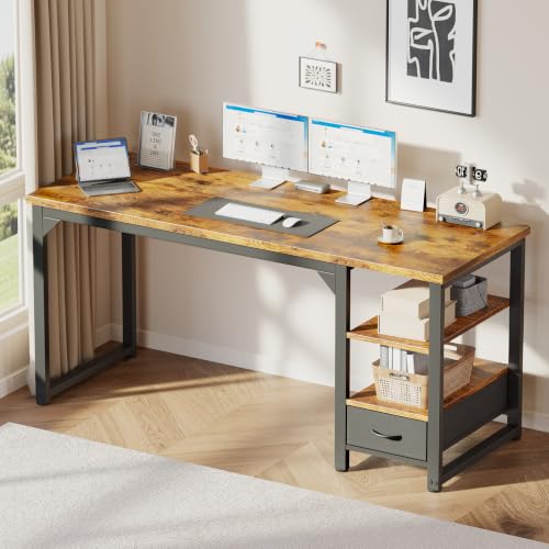 Image of Mericonia 54 in Computer Desk with Drawer, 1 inch Thick Reversible Office Desk | Large Modern Writing Table with Storage Shelves, Heavy Duty Industrial Executive Desk for Home Bedroom Study Work