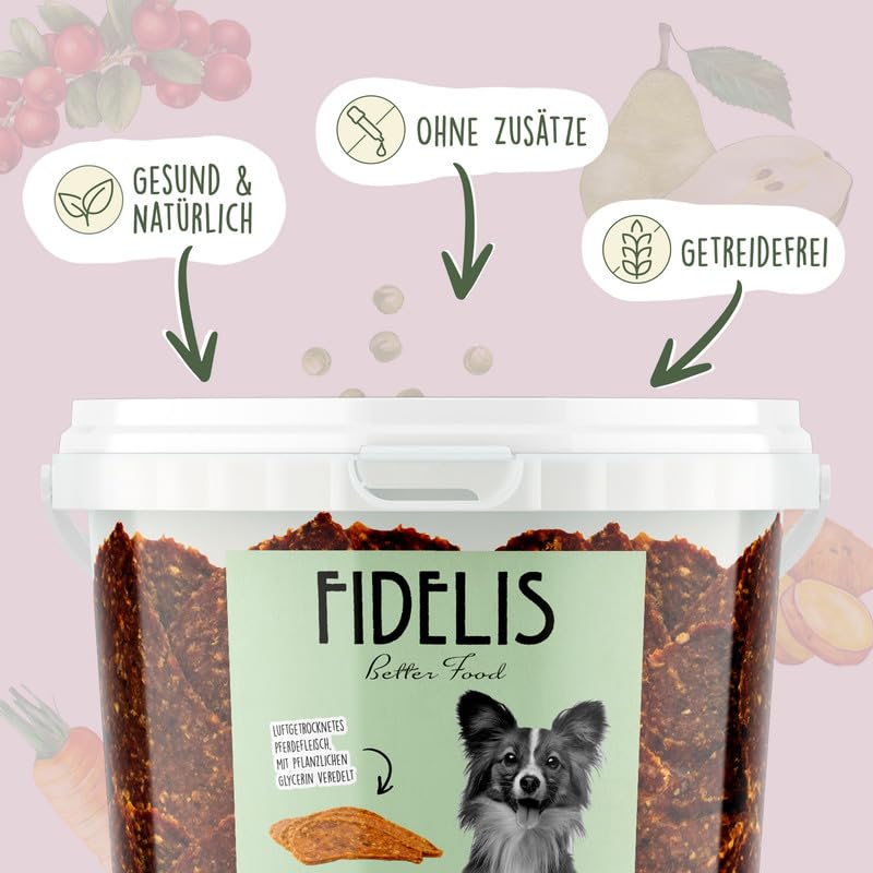Fidelis – Pferdefilets für Hunde im wiederverschließbarem 500gr-Eimer - Luftgetrocknete Hunde Leckerlis aus 100% natürlichen Rohstoffen