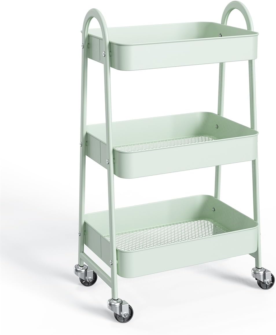 3-Tier Metal Rolling Utility Cart, Small Rolling Cart Kitchen Trolley Bathroom Laundry Room Bar Office Shelves Storage Organizer Shelving Unit with Caster Wheels for Narrow Places, Green