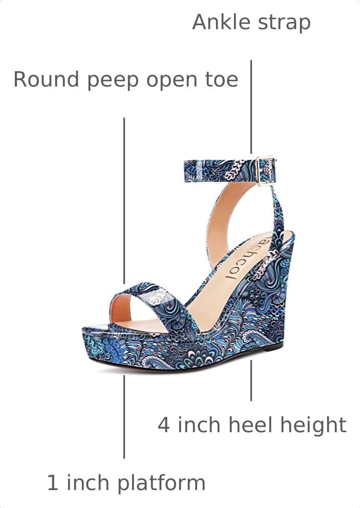 Image of Aachcol Women Platform Wedge Sandals Round Peep Open Toe Ankle Strap Slingback Two-Piece Chunky Block High Heel Dress Shoes Pumps Party Patent 4 Inch