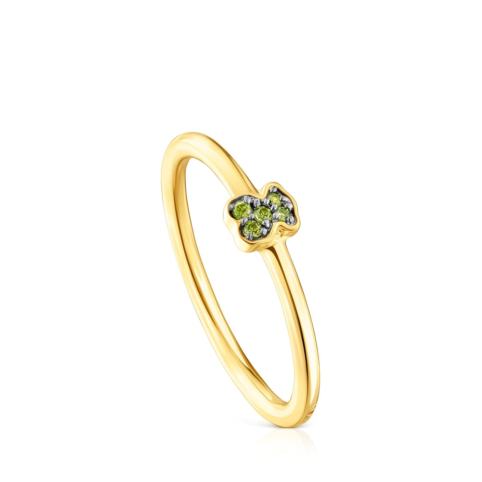 TOUS Anillo con Baño de Oro 18Kt sobre Plata para Mujer con Oso de Cromodiópsidos Talla 12, Sofisticado y Sútil, Colección Motif