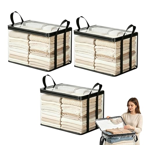 Large Heavy-Duty Thick Plastic Clear Storage Bag for Clothes, Plastic Storage Box with Hinged Lid, Heavy-Duty Durable High Capacity Organizer, Perfect for Home, Travel, Attic and Moving (3, Black)