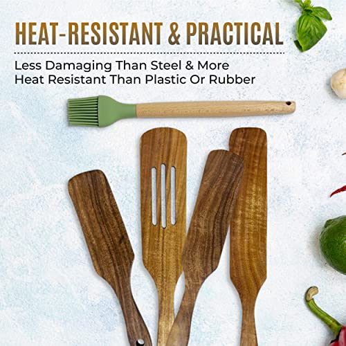 Spurtle Spatula Set, Wooden Spatula For Cooking, 5Pcs Natural Teak Spurtle, As Seen On Tv, Basting Pastry Brush, Kitchen Tools Brushing, Heat Resistant Nonstick Utensil,Wood Cookware With Hanging Hole #TOP5
