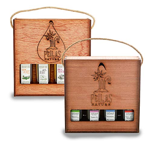 Pellas Nature, Infused Extra Virgin Olive Oil Sets, Flavors Basil, Garlic, Red Pepper, Rosemary, & Greek Islands, Greek Herbs, Tuscan Herbs, Herbs de Provence, Two Wooden Sets, 8X50ml (1.7 oz) Bottles