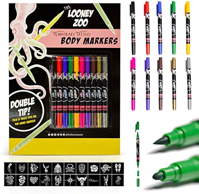 Looney Zoo Temporary Tattoo Markers for Skin, 10 Body Markers + 20 Large Tattoo Stencils for Kids and Adults, Dual-End Tattoo Pens Make Bold and Fine Lines with Cosmetic-Grade Temporary Tattoo Ink