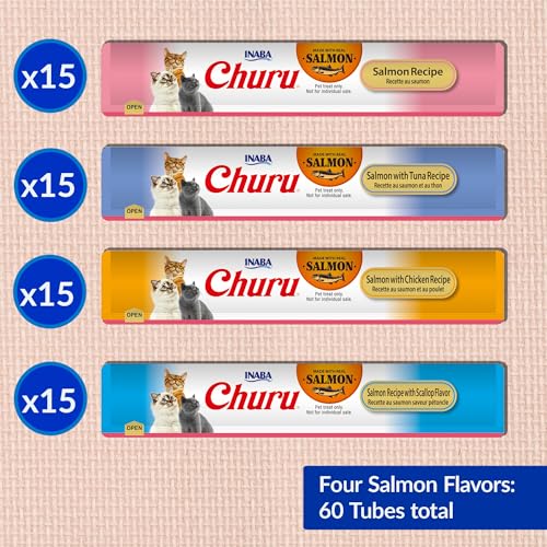 Image of INABA Salmon Churu Cat Treats, Lickable, Squeezable Creamy Puree Cat Treat with Green Tea Extract & Taurine, 0.5 Ounces Each Tube, 60 Tubes, Salmon Variety Box