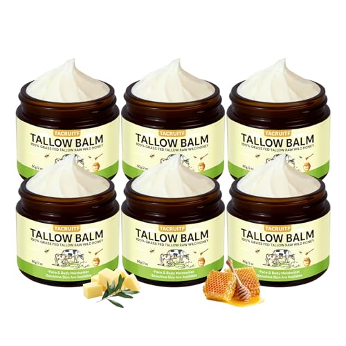 Organic Grass-Fed Beef Tallow & Raw Honey Balm – Handmade Whipped Moisturizer for Face & Body, Soothes Eczema, Rosacea, Dry & Sensitive Skin – Unscented, All-Natural, Chemical-Free (6 Packs / 12oz)