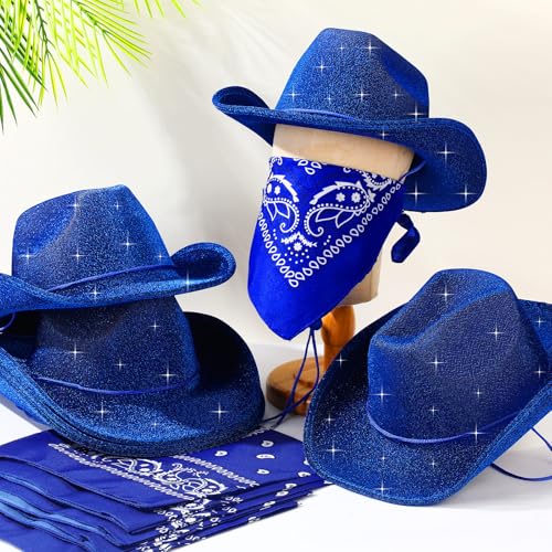 Image of Coume 12 Pcs Sparkly Adults Cowboy Hat and Bandanas Women Men Western Glitter Cowgirl Party Hats with Adjustable Drawstring