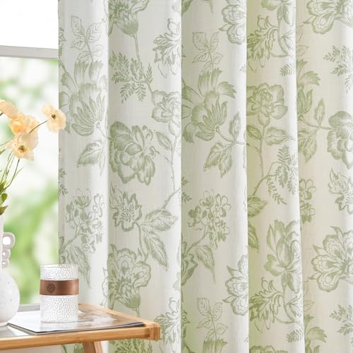 jinchan Floral Curtains Burlap Look Curtain 84 Inch Long Faux Linen Green Flower Patterned Drapes for Living Room Light Filtering Farmhouse Curtain Rod Pocket Window Curtains for Bedroom 2 Panels