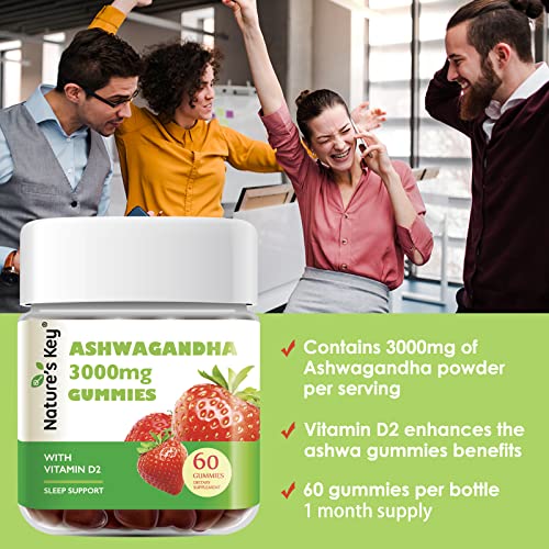 Nature's Key Ashwagandha Gummies, 3000 Mg High Potency Ashwagandha Root Extract With Vitamin D2, For Men & Women, Strawberry Flavor (60 Count (Pack Of 1) #TOP4