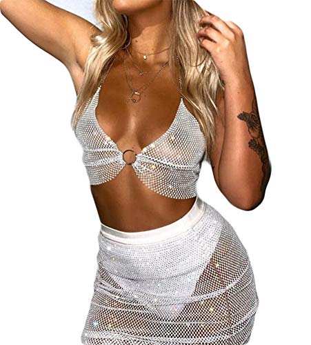 WomenSee Through Rhinestone Fishnet Skirt Suit 2Pcs Sexy Glitter Hollow Out Crop Top + Midi Skirt (One Size, White)