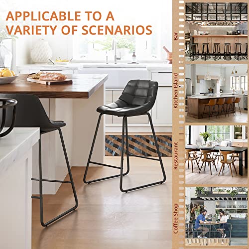 Lue Bona Counter Height Bar Stools, Mid Century Modern 24" Faux Leather Bar Stools Set Of 4, Upholstered Checkered Pattern Leather Dining Chair With Metal Legs, For Kitchen Island, Bistro, Black #TOP4