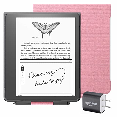Kindle Scribe Essentials Bundle including Kindle Scribe (32 GB), Premium Pen, Fabric Cover - Rose, and Power Adapter