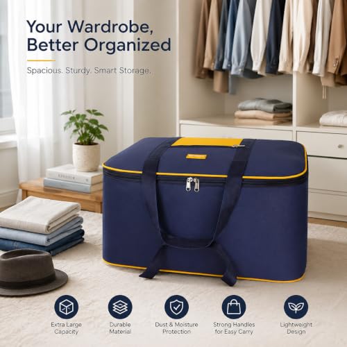 Image of M MEDLER STG 85 Liters Large Underbed Storage Bag Moisture Proof Cloth Organiser with Zippered Closure and Handle (Blue - yellow), (58x48x30cm) Rectangular- PACK OF 4