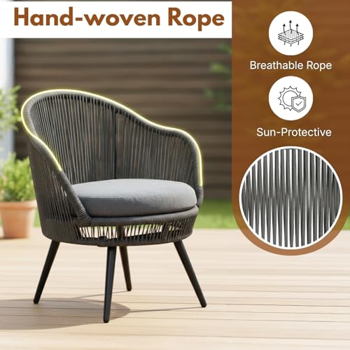 Image of DEVOKO 3 Piece Outdoor Patio Handwoven Rope Crown Shape Chair With Glass Top Side Table For Garden, Pool, Deck, Backyard, Balcony (Dark Grey & Grey), (61 X 61 X 81Cm)