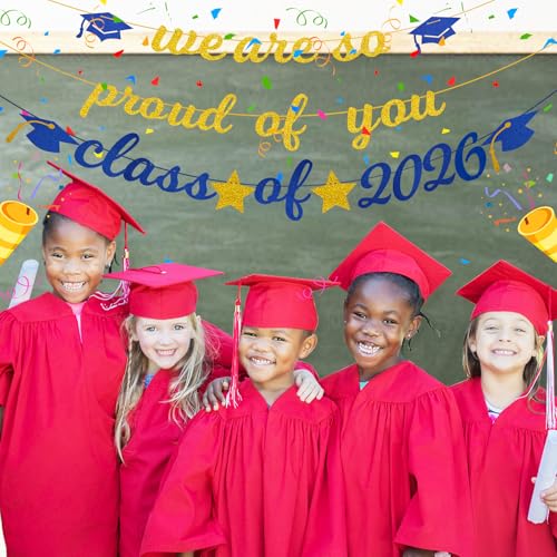 Image of Graduation Banner 2026, Gold Glitter-We Are So Proud of You Graduation Party Decorations Congratulations Banner Blue and Gold Class of 2026 Congratulations Decorations