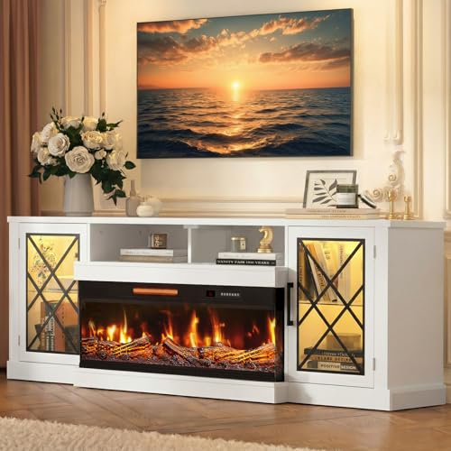 Image of BREEZEHEAT Fireplace TV Stand for TVs up to 90 inch, 3-Sided Electric Entertainment Center with 40 inch LED Fireplace, Media Console w /Storage Cabinet & Glass Doors, 79Inch, White