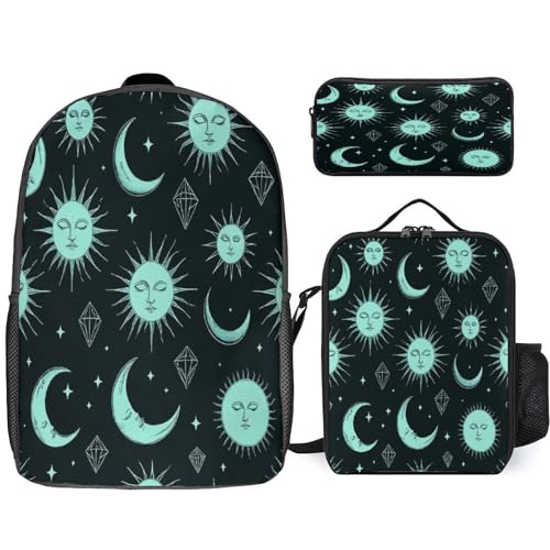 Adult Pencil Pouch for College Accessories, Portable Trippy Sun Moon Star Lunch Bag, Backpack with Adjustable Strap