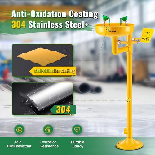 Image of Huanyu Stand Up Eye Wash Station Floor Mounted Eyewash Station Adjustable Water Flow Emergency Eye Washing Station Stainless Steel with Eye Wash Sign Factory (1207 Yellow)