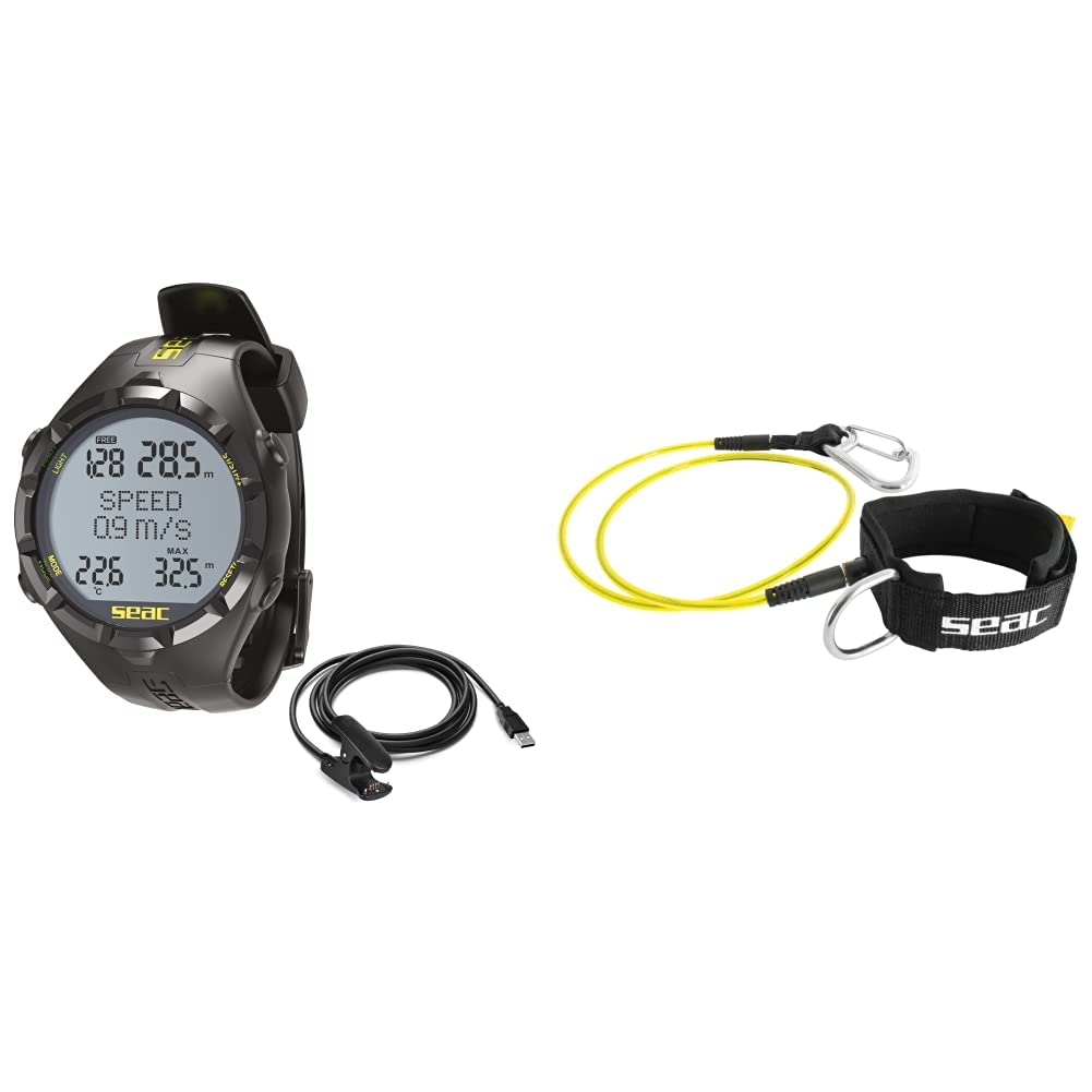 SEAC Apnea, Computer da Freediving, Unisex-Adult, HR Nero/Giallo,con USB Standard + Lanyard, Cavo di Sicurezza da apnea, con moschettone e Allacciatura al Polso Unisex Adulto, Nero