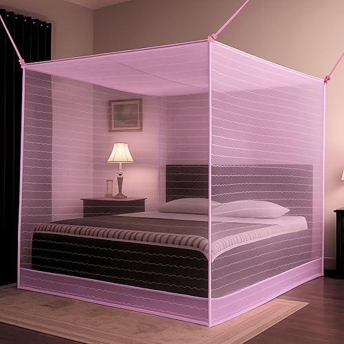 Image of Mosquito Net for King Size Bed & Double Bed (6x7 ft, Wall /Hook Hanging) Poly-Cotton Blend Fabric with Zigzag Wave Line Pattern, Pre-Fitted Bottom & Cotton Ribbon (Frame Not Included) (Soft Pink)